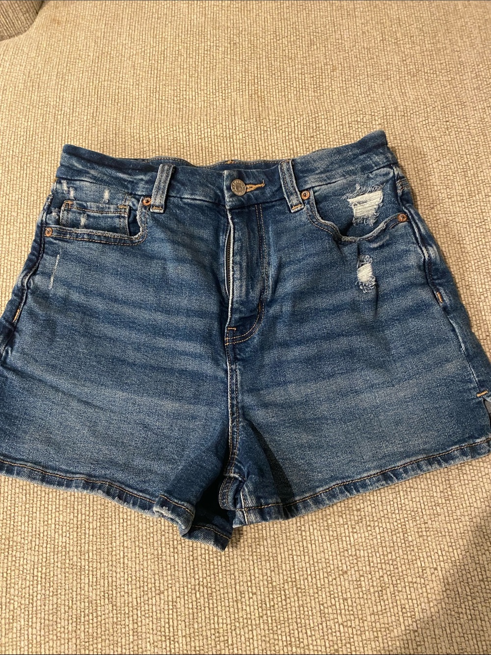 American Eagle Outfitters Distressed Dark Blue Denim High-Rise Shorts